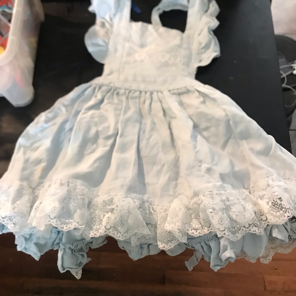 Sweet Janes Blue 100% Irish Linen Dress Pinafore with lace ruffle detail, Size 2